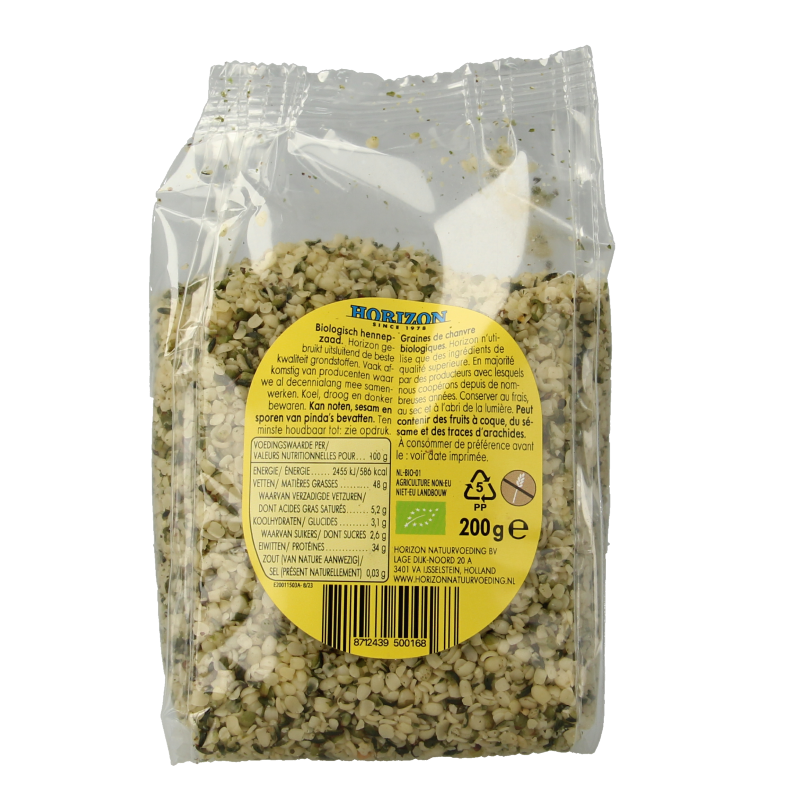 Horizon bio gepeld hennepzaad in 200g package, raw superfood with shelled hemp seeds on a white background.