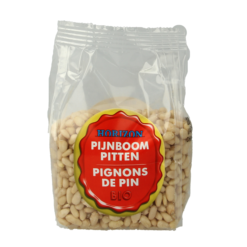 Raw Horizon bio pijnboompitten in 150g package, close-up of the natural pine nuts showing their texture and light color.