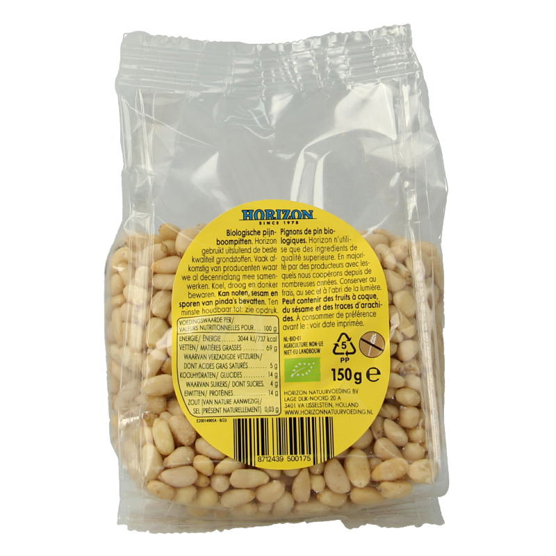 Raw Horizon bio pijnboompitten in 150g package, close-up of the pine nuts showing their natural texture.