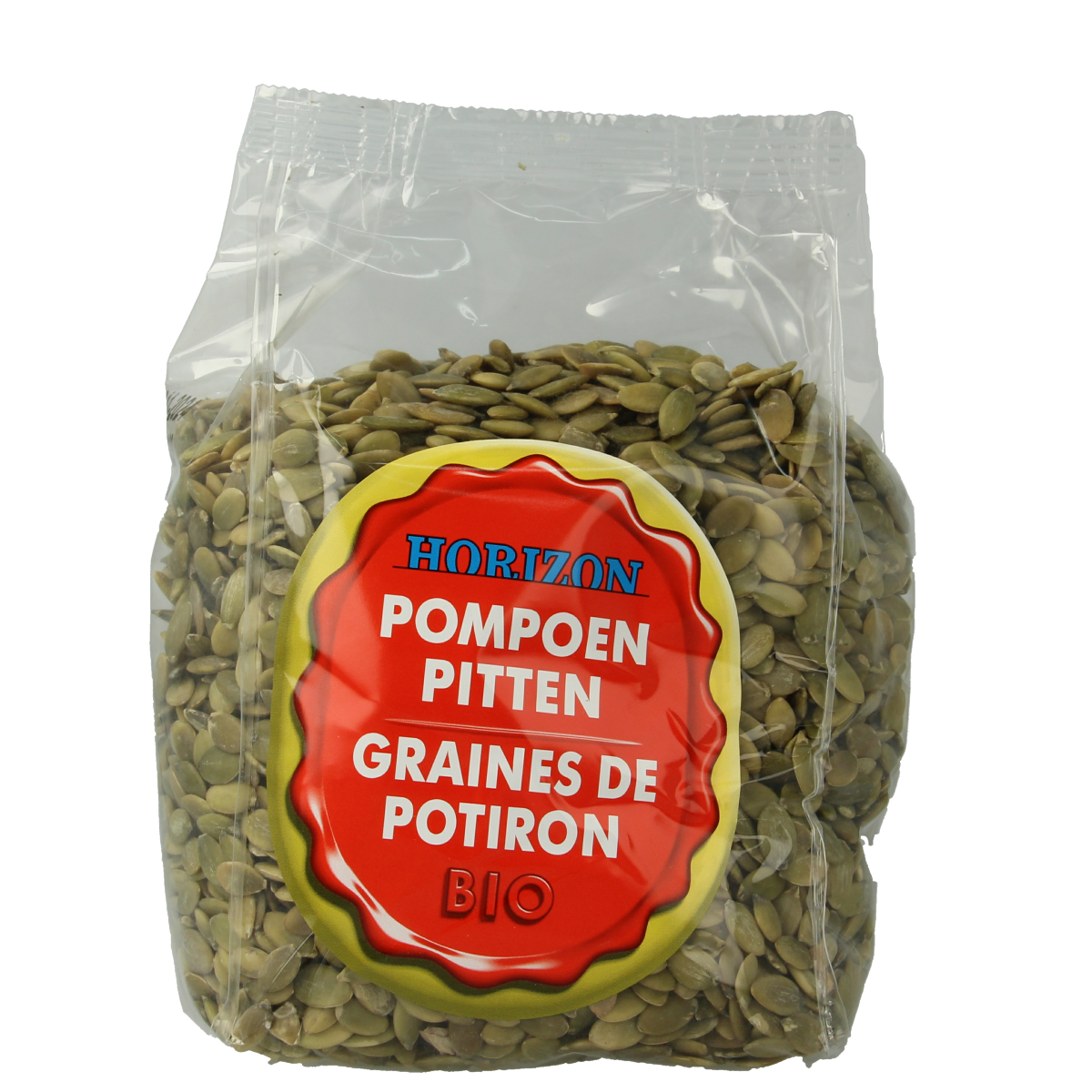 Raw Horizon organic pumpkin seeds in a 800g bag, displayed in a natural setting, highlighting fresh, nutritious superfoods.