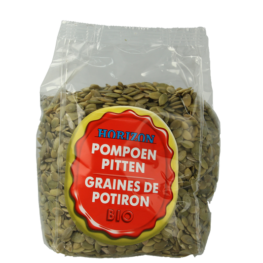 Raw Horizon organic pumpkin seeds in a 800g bag, displayed in a natural setting, highlighting fresh, nutritious superfoods.