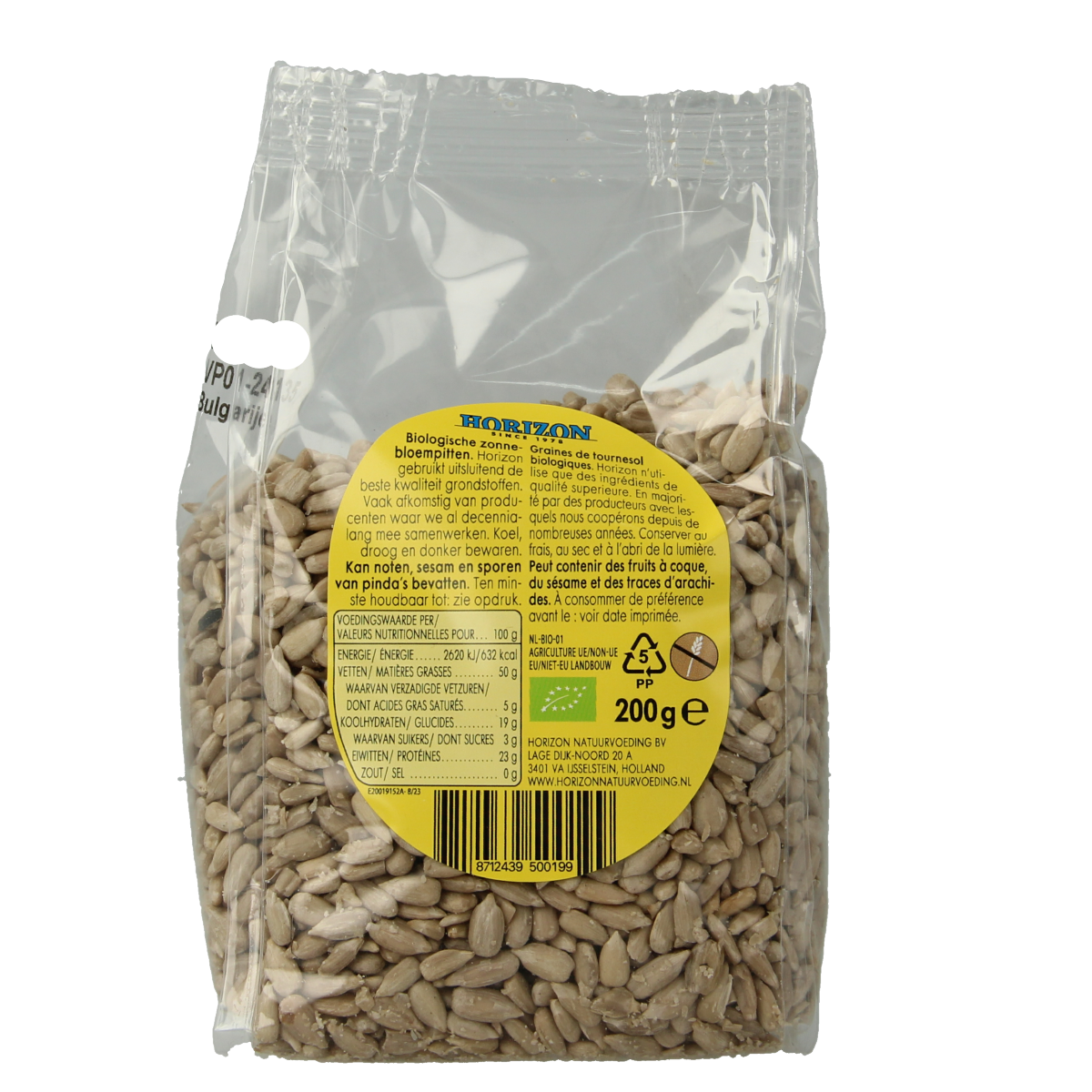 Organic Horizon sunflower seeds in a 200g package, raw superfood product with natural sunflower seed appearance.