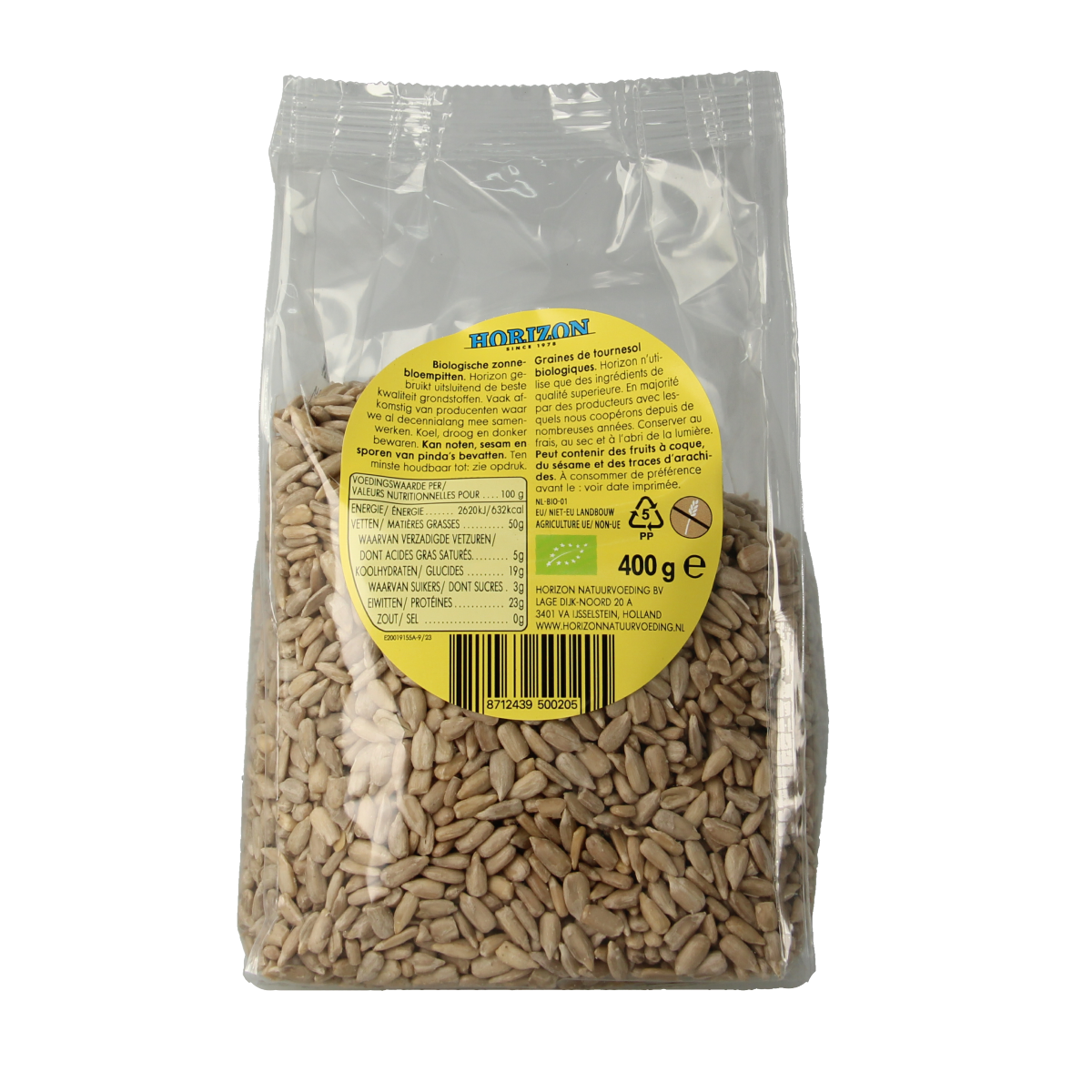 Organic Horizon sunflower seeds in a 400g package, raw superfood product with visible seeds in a clear bag.