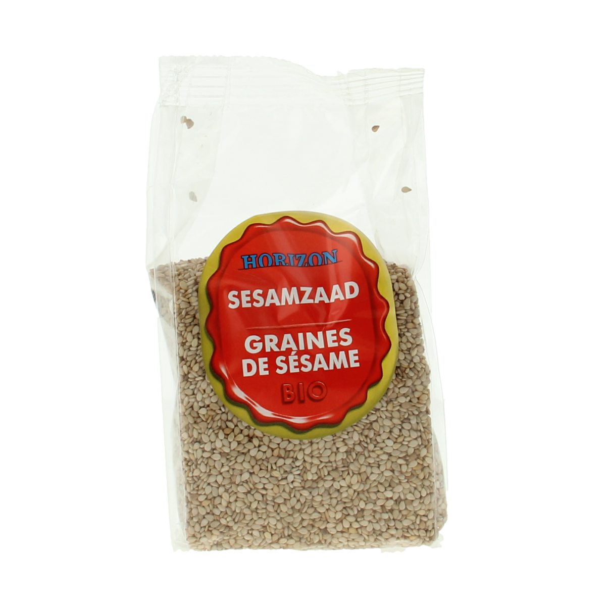 Organic Horizon Sesamzaad bio, 200g, raw superfood seeds displayed in a clear package with sesame seeds inside.