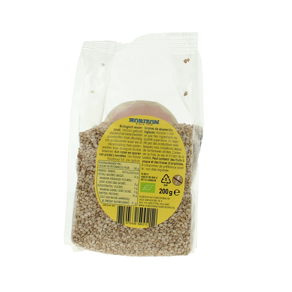 Horizon organic sesame seeds in 200g package, raw superfood, close-up of light tan sesame seeds on white background.