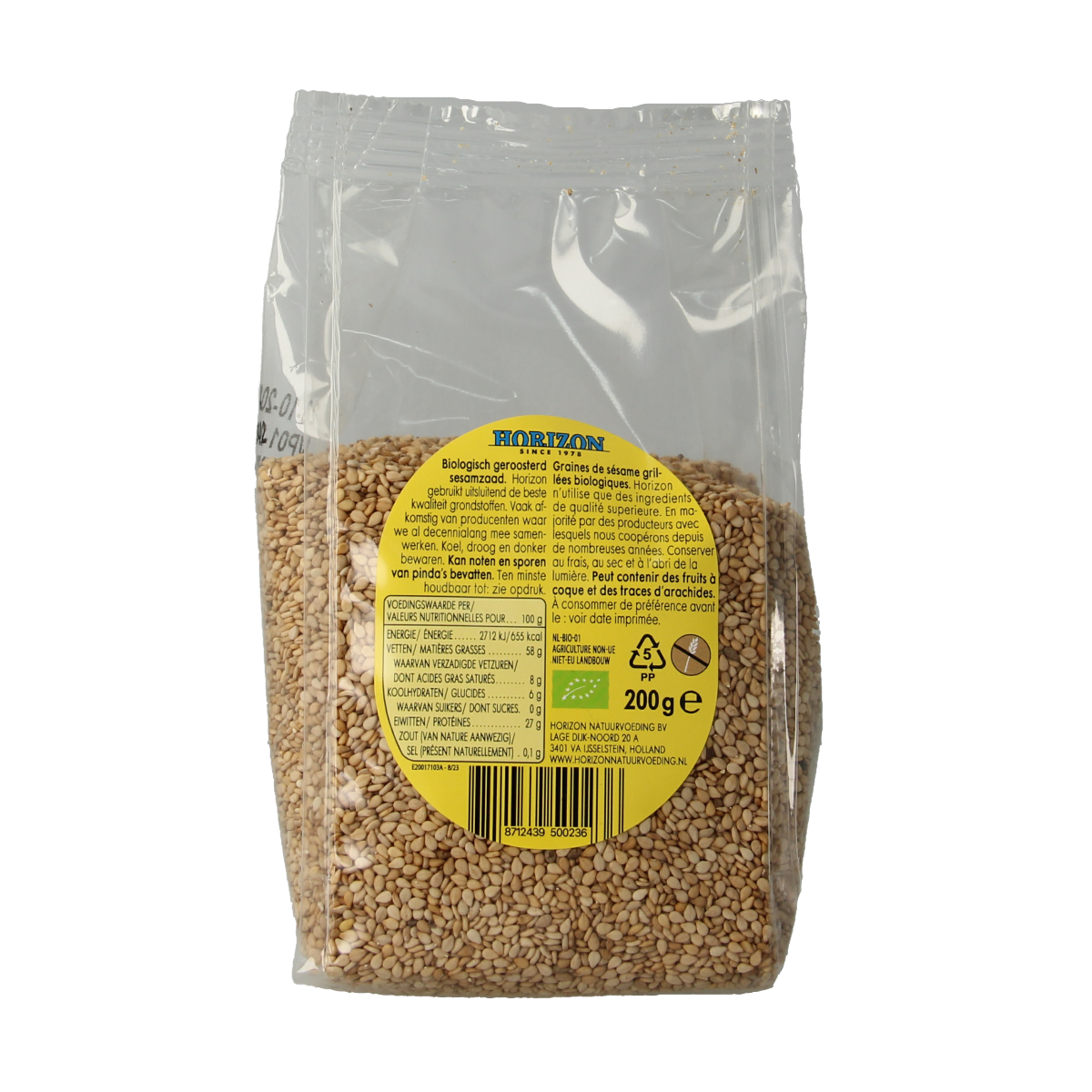 Roasted organic sesame seeds in a 200g package from Horizon, raw superfood with natural, toasted appearance.