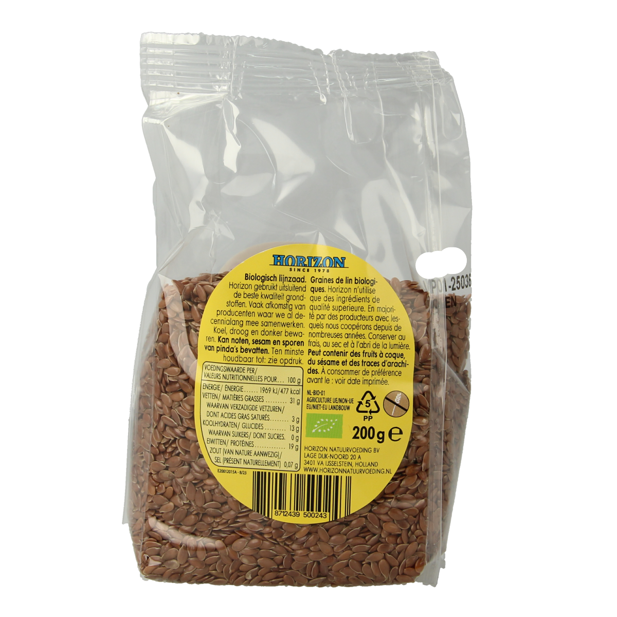 Horizon organic flaxseed in 200g package, raw superfood with whole brown seeds, healthy omega-3 source, natural and nutritious.