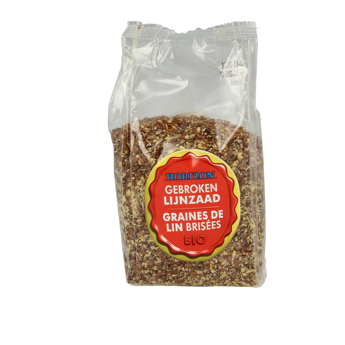 Horizon organic broken flaxseed in a 200g package, raw superfood with golden-brown seeds on a white background.