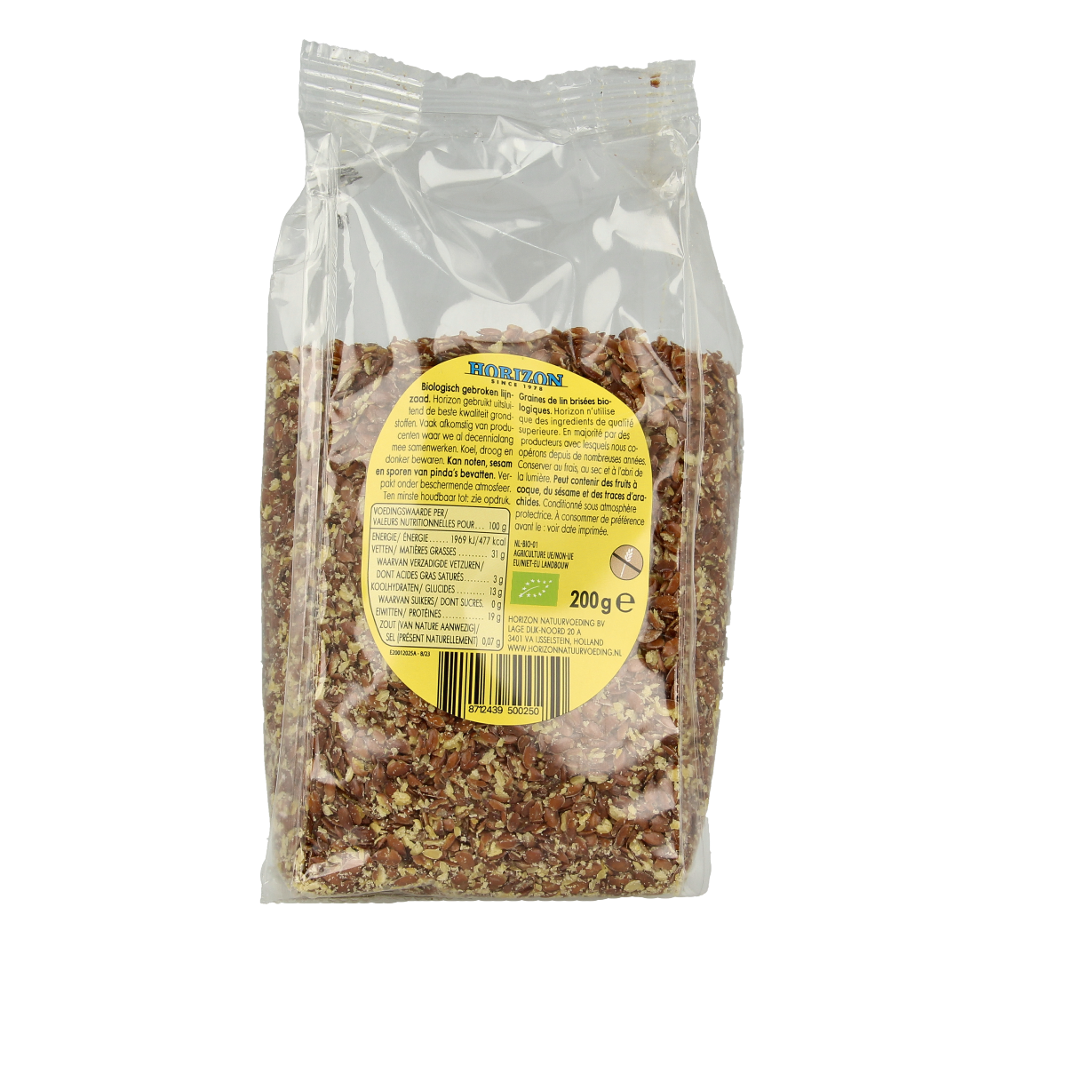 Horizon organic broken flaxseed in 200g package, raw superfood with golden-brown seeds on a white background.