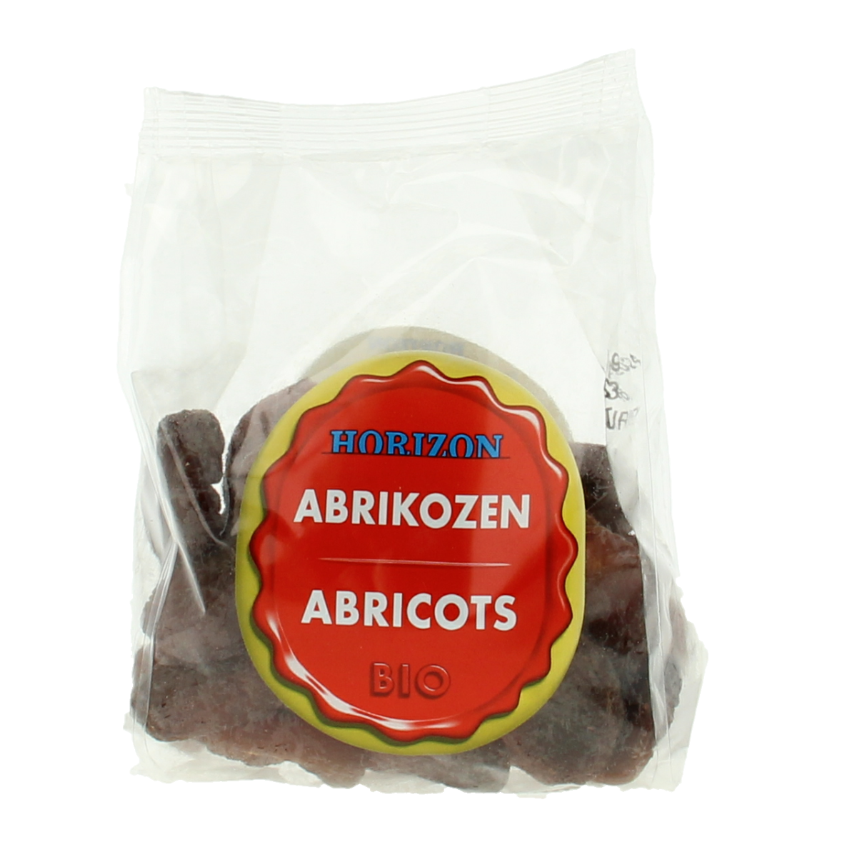Horizon bio apricots in 250g packaging, fresh and ripe, displayed in a natural setting against a neutral background.