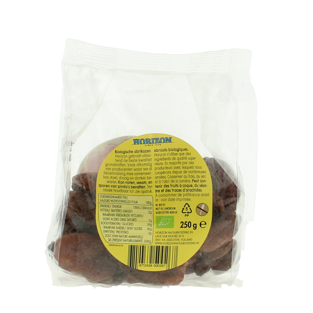 Organic Horizon apricots in 250g package, fresh and ripe, displayed on a white background.