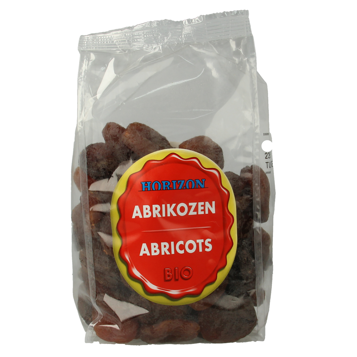 Horizon bio apricots, 500 grams, fresh and ripe, displayed in a basket with a green background.