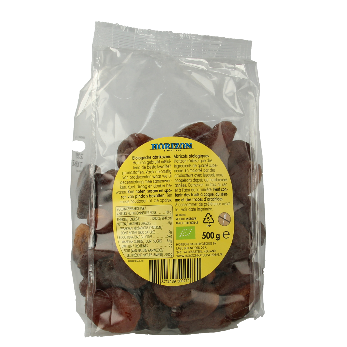 Horizon organic apricots in 500g package, fresh and ripe, displayed in a clear container.