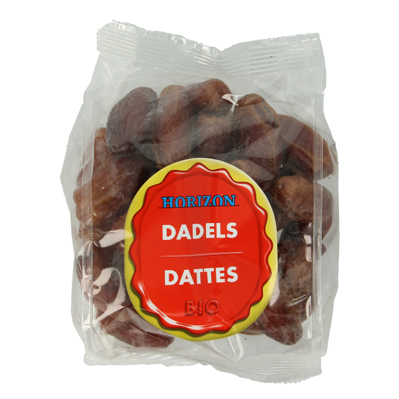 Horizon bio dadels, 250g, raw organic superfood, close-up of pitted organic dates in a clear package.