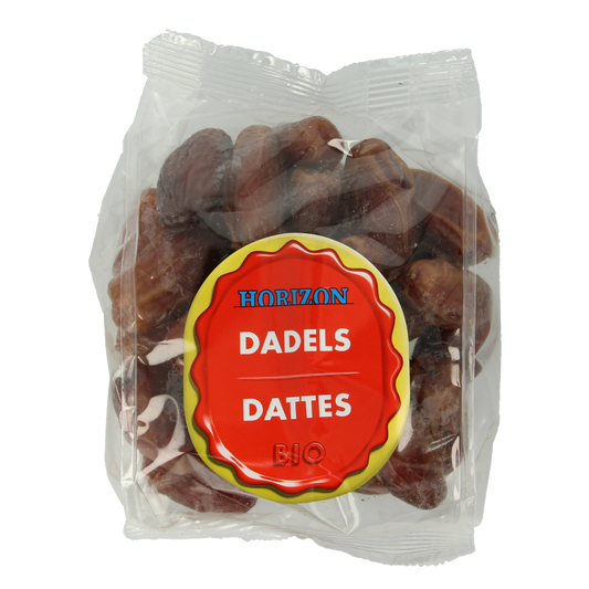 Horizon bio dadels, 250g, raw organic superfood, close-up of pitted organic dates in a clear package.