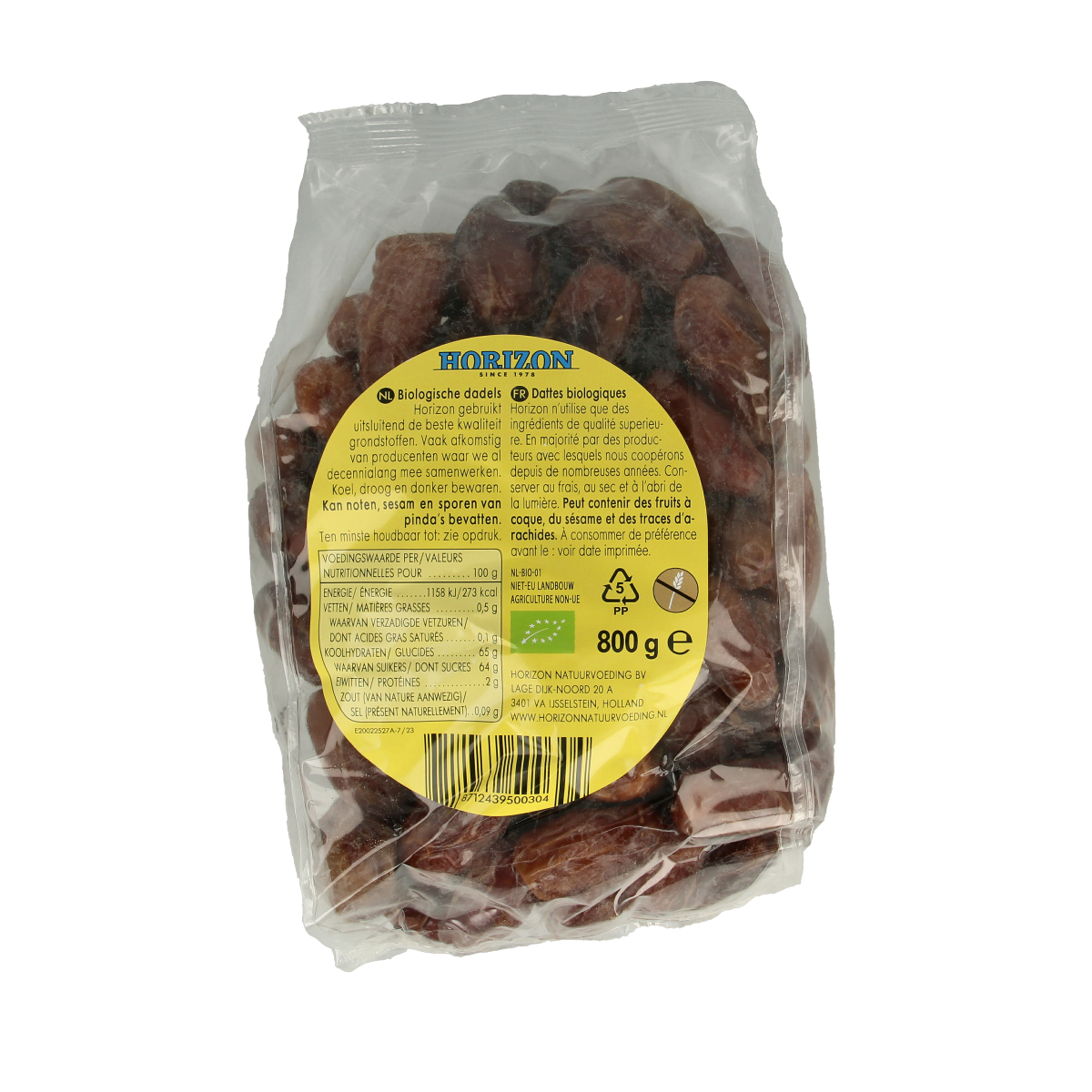 Horizon bio dadels, raw superfoods, 800 grams, showing fresh, plump dates in a clear container.