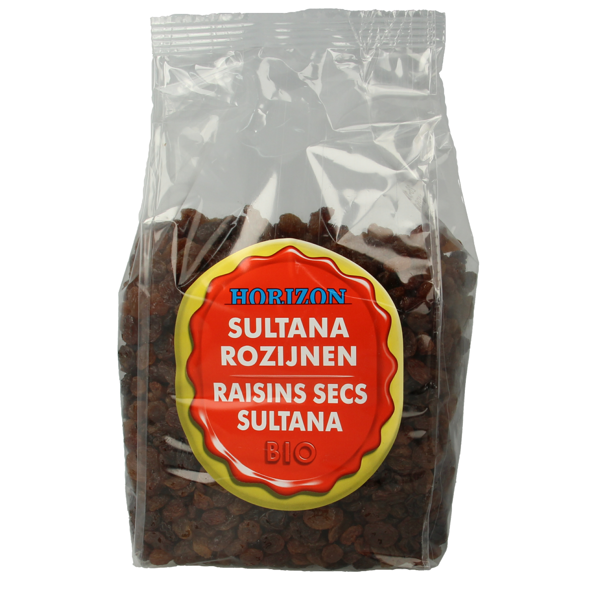 Horizon organic sultana raisins in 1 kg package, dried fruit, shown in a clear bag with raisins visible inside.