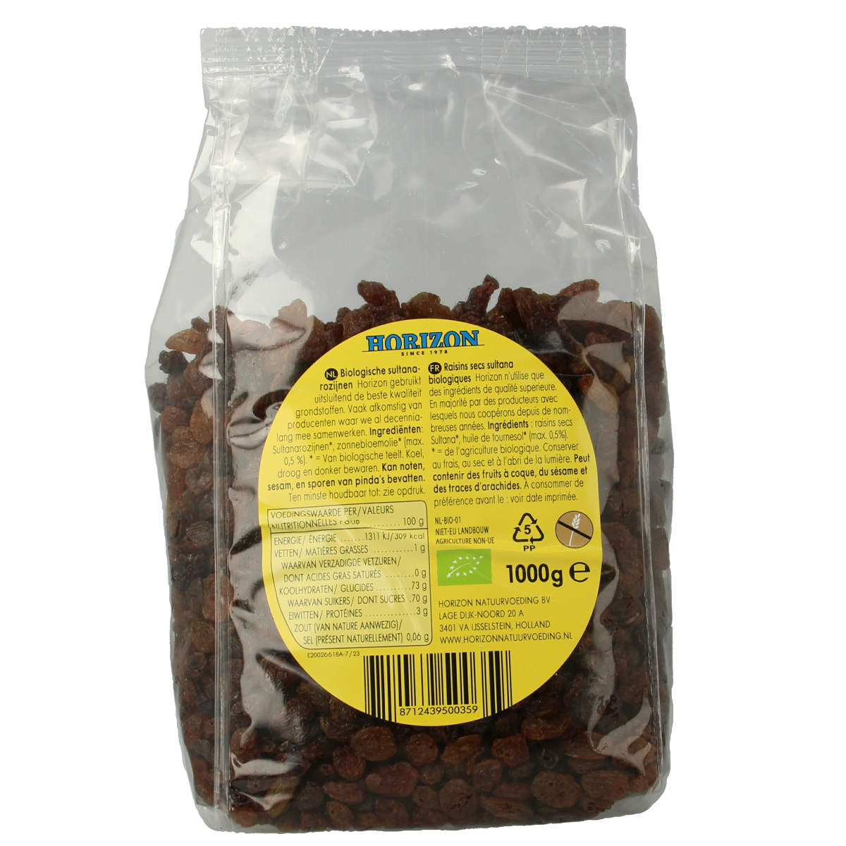 Horizon organic sultana raisins in a 1kg package, dried fruit with golden color and textured surface.