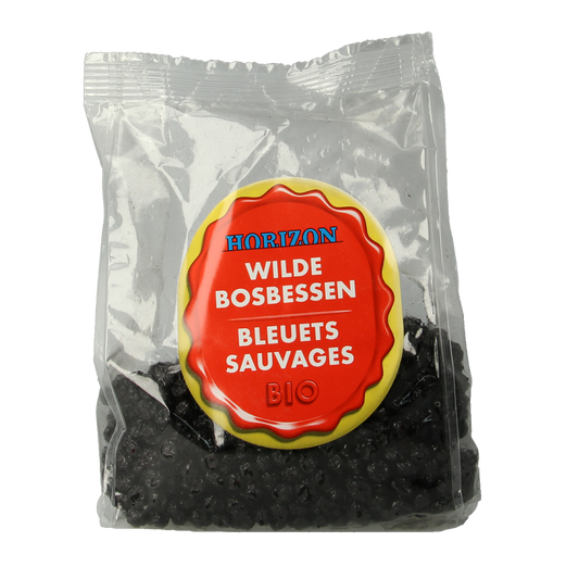Horizon Wilde bosbessen bio, 200g, fresh organic blueberries in a clear container, ideal for snacking or recipes