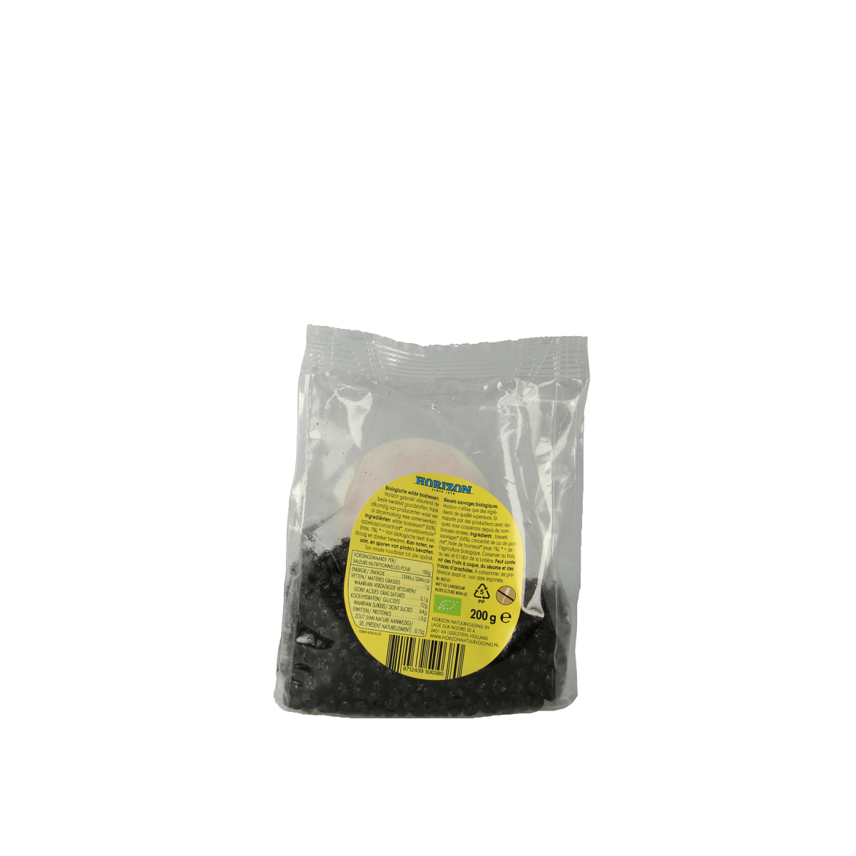 Horizon Wilde bosbessen bio in 200g package, fresh organic blueberries shown in a clear container on a white background.