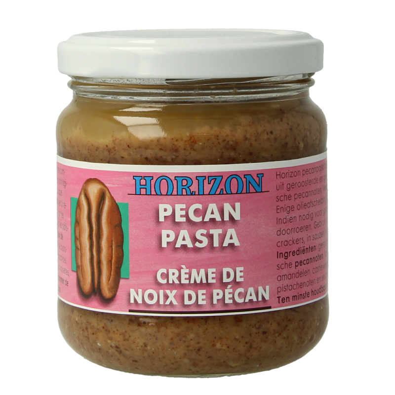 Horizon Pecanpasta bio broodbeleg spread in a jar, showcasing rich pecan flavor and creamy texture for sandwiches and snacks.