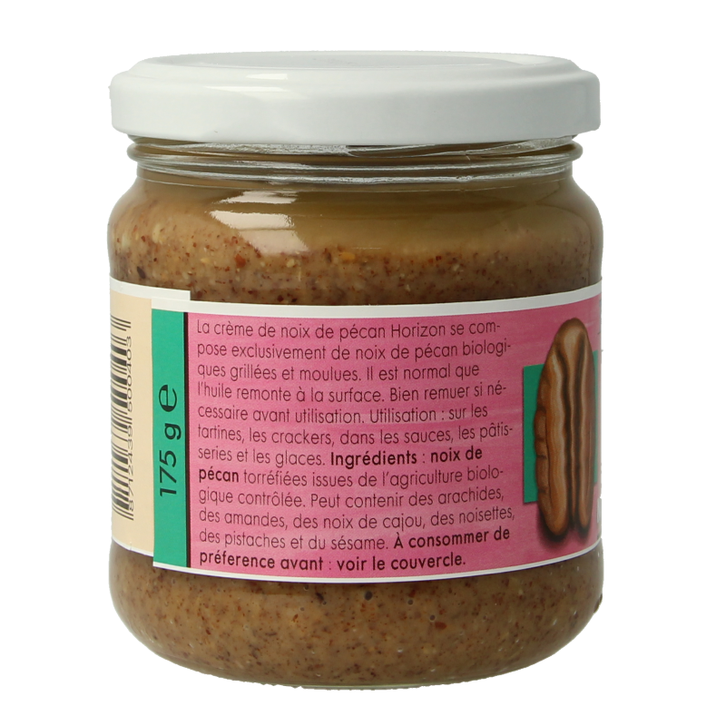 Horizon Pecanpasta bio broodbeleg spread on bread, showing creamy texture and pecan pieces, 175 grams natural nut spread
