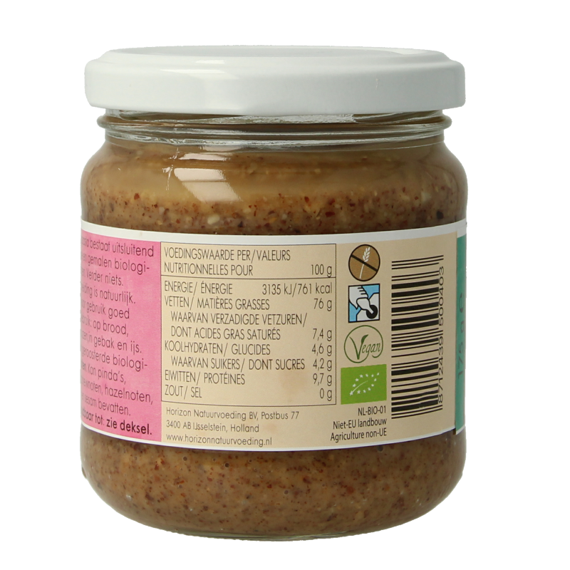Horizon Pecanpasta bio broodbeleg spread in 175g jar, creamy nut spread with pecan nuts, ideal for sandwiches and toast.