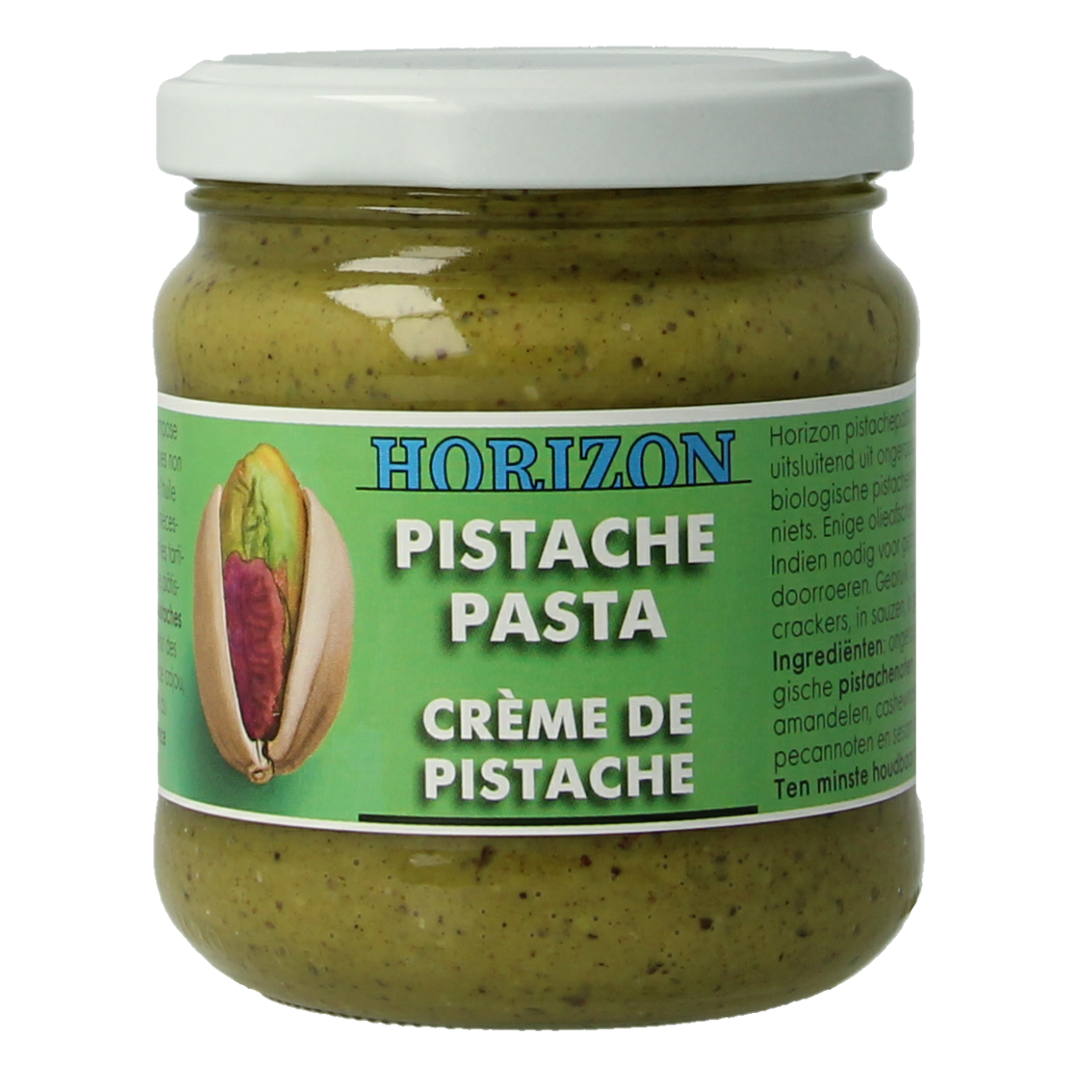 Horizon Pistachepasta bio bread spread jar with pistachio paste and label, 175 grams, organic nut spread for bread or snacks.