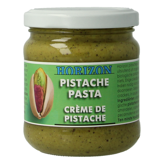 Horizon Pistachepasta bio bread spread jar with pistachio paste and label, 175 grams, organic nut spread for bread or snacks.