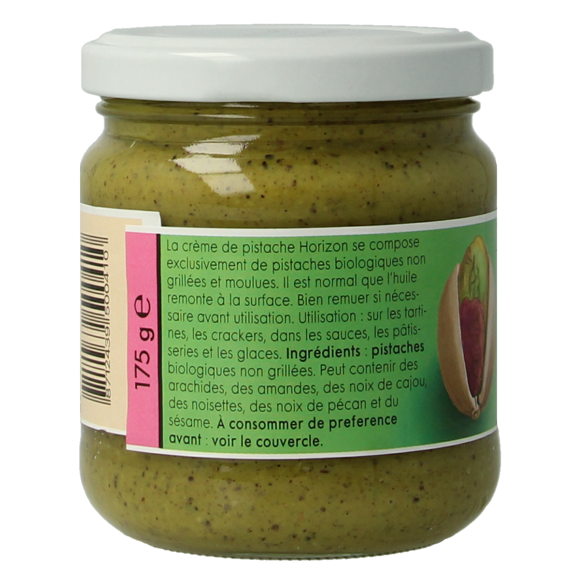 Horizon Pistachepasta bio broodbeleg spread in a jar, creamy pistachio flavor, 175g, natural and organic product.