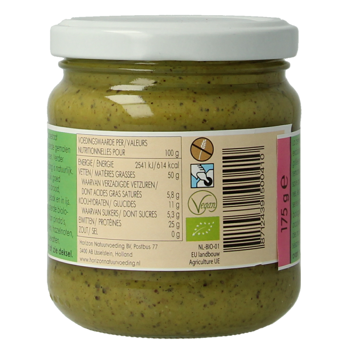 Horizon Pistachepasta bio broodbeleg spread on bread, 175g jar with pistachio nut pieces and creamy texture.