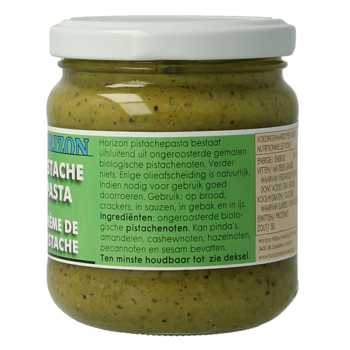 Horizon Pistachepasta bio broodbeleg spread in a jar, creamy pistachio-flavored spread for bread and snacks.