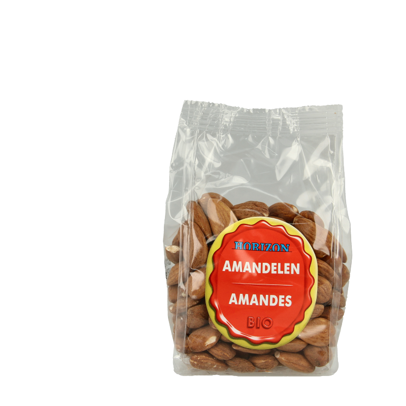 Organic Horizon raw almonds in 175g package, close-up view of the fresh, whole almonds in a clear bag.
