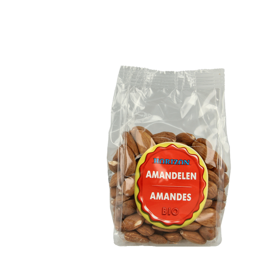 Organic Horizon raw almonds in 175g package, close-up view of the fresh, whole almonds in a clear bag.