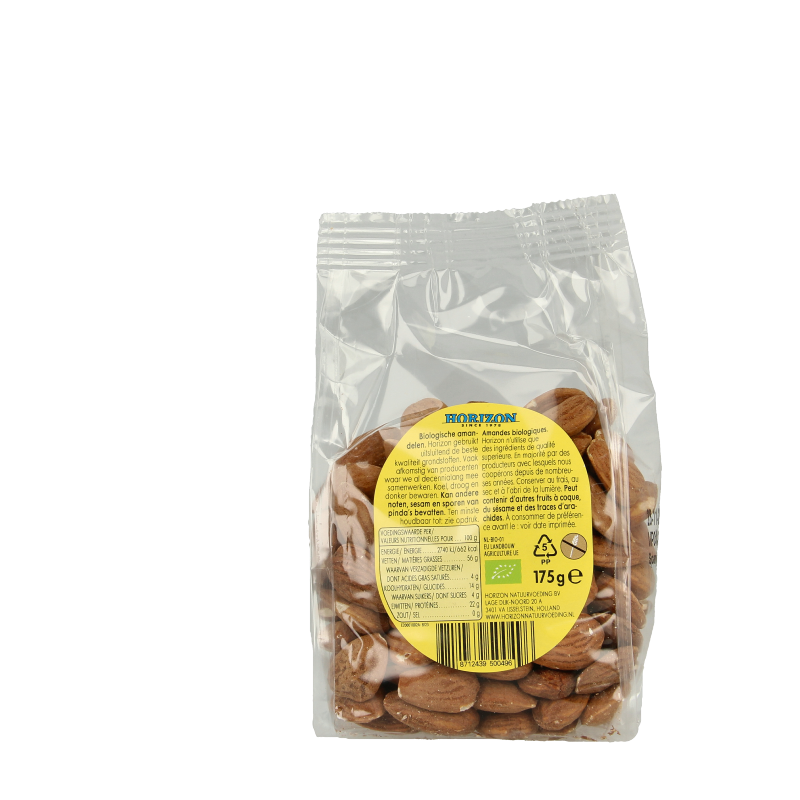 Raw organic Horizon Amandelen (almonds) in 175g package, showcasing fresh, natural almonds from Horizon superfoods.