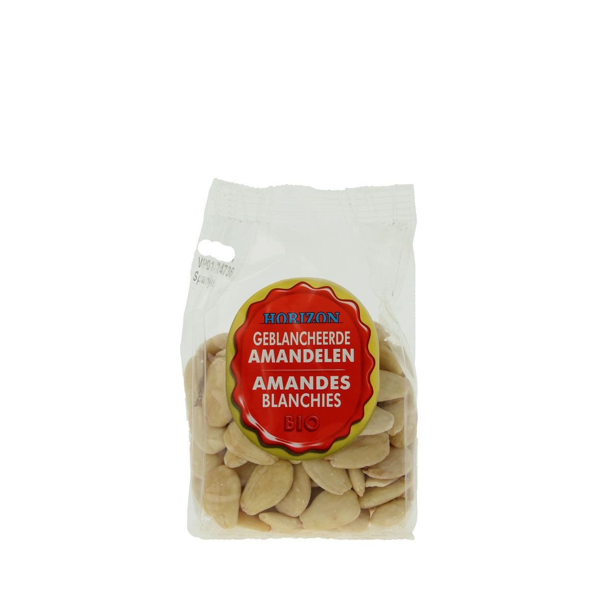 Raw organic blanched almonds from Horizon, 175 grams, showcasing the light-colored, shelled almonds in a natural state.