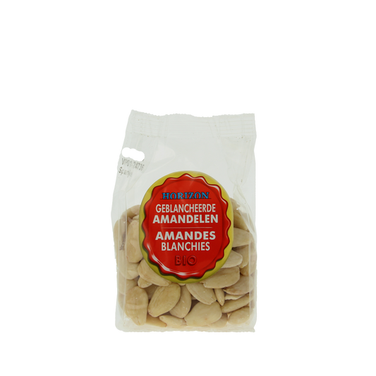 Raw organic blanched almonds from Horizon, 175 grams, showcasing the light-colored, shelled almonds in a natural state.