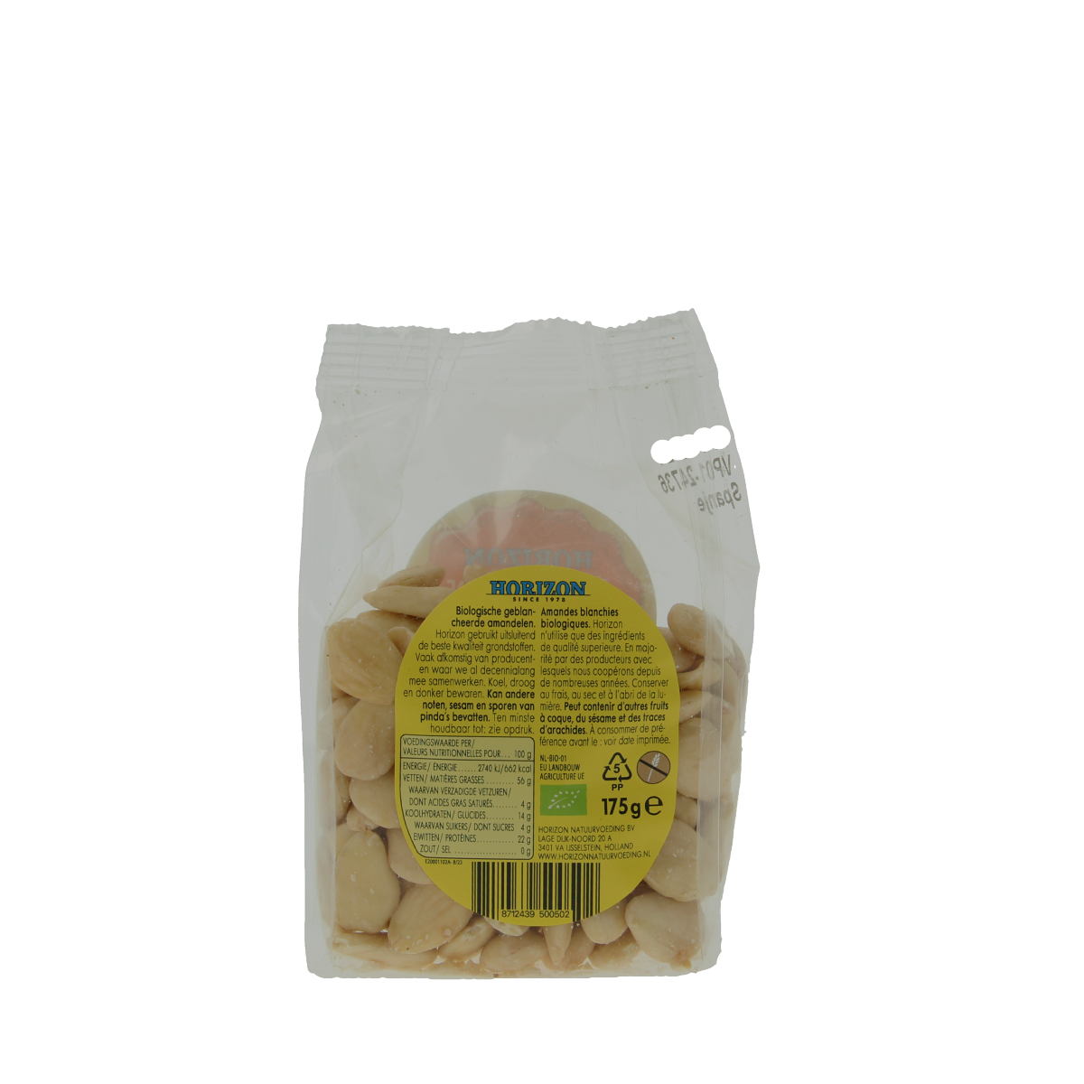 Raw Horizon organic blanched almonds in 175g package, showing the clean, light-colored almonds in a clear container.