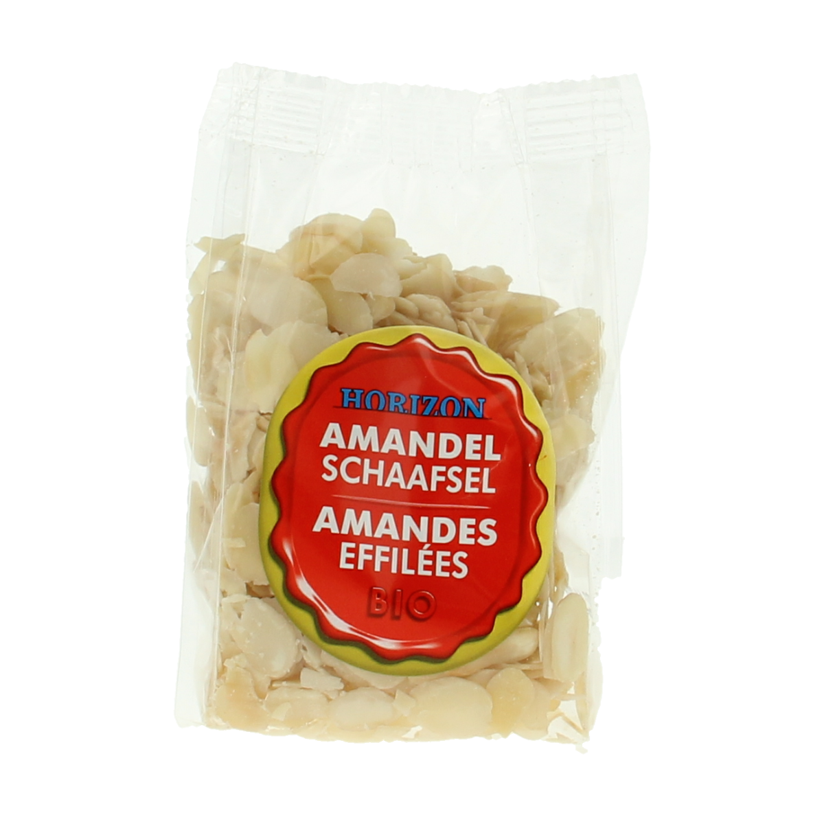 Raw Horizon organic blanched almond slices in 75g package, showing golden almond slices on a white background.