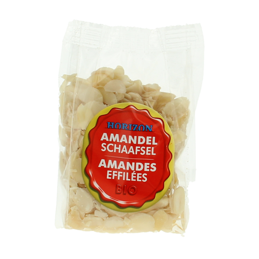 Raw Horizon organic blanched almond slices in 75g package, showing golden almond slices on a white background.