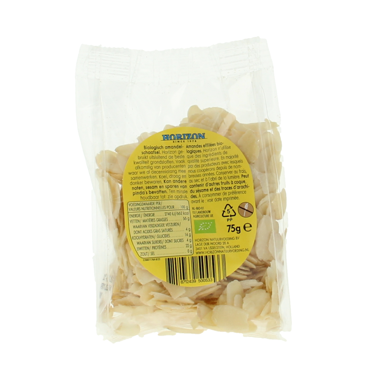 Raw Horizon organic blanched almond flakes in a 75g package, showing light golden sliced almonds for superfood use.