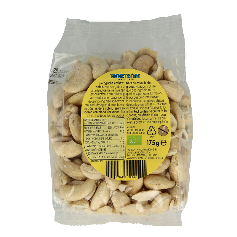 Horizon cashew nuts heel bio, 175g, raw superfoods package showing fresh raw cashew nuts in a natural setting.