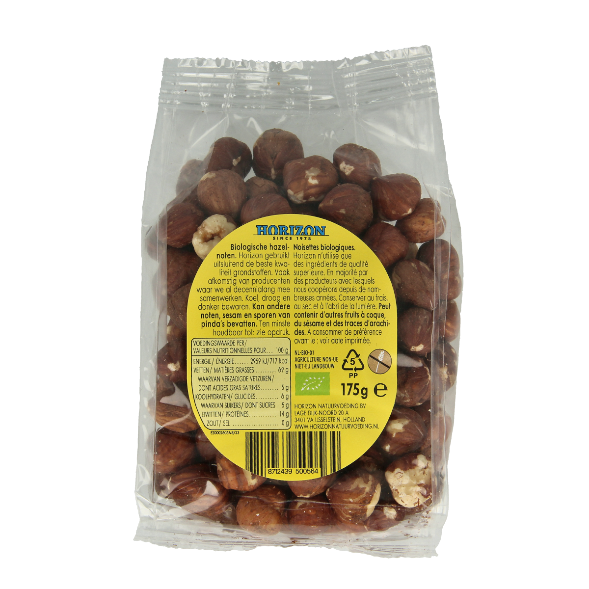 Horizon bio hazelnuts, raw superfoods, 175g pack with whole hazelnuts in a natural shell, ideal for snacking or recipes.