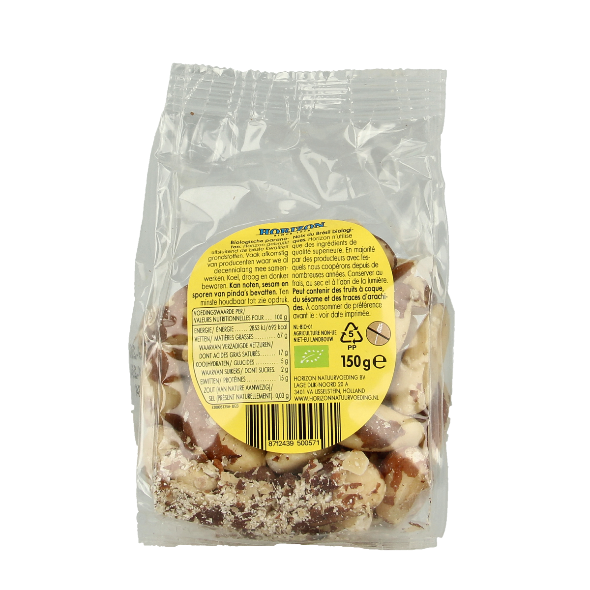 Horizon Paranoten bio raw superfood in 150g package, colorful dried nuts and seeds mixture on a white background.
