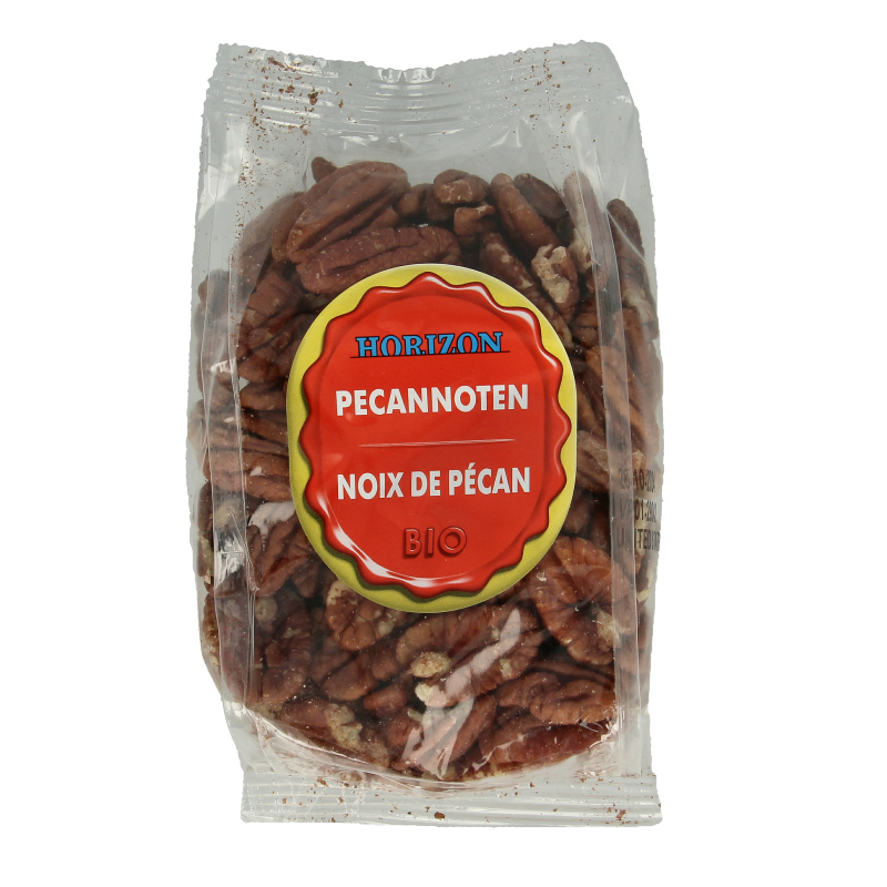 Horizon Bio Pecannoten raw superfood in 150g package, close-up of shelled pecans on a white background