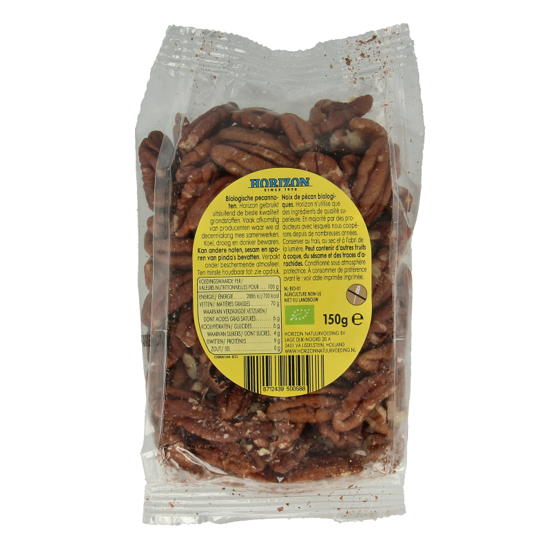 Organic Horizon pecan nuts in 150g package, raw superfood with whole, natural pecans shown in a clear image.