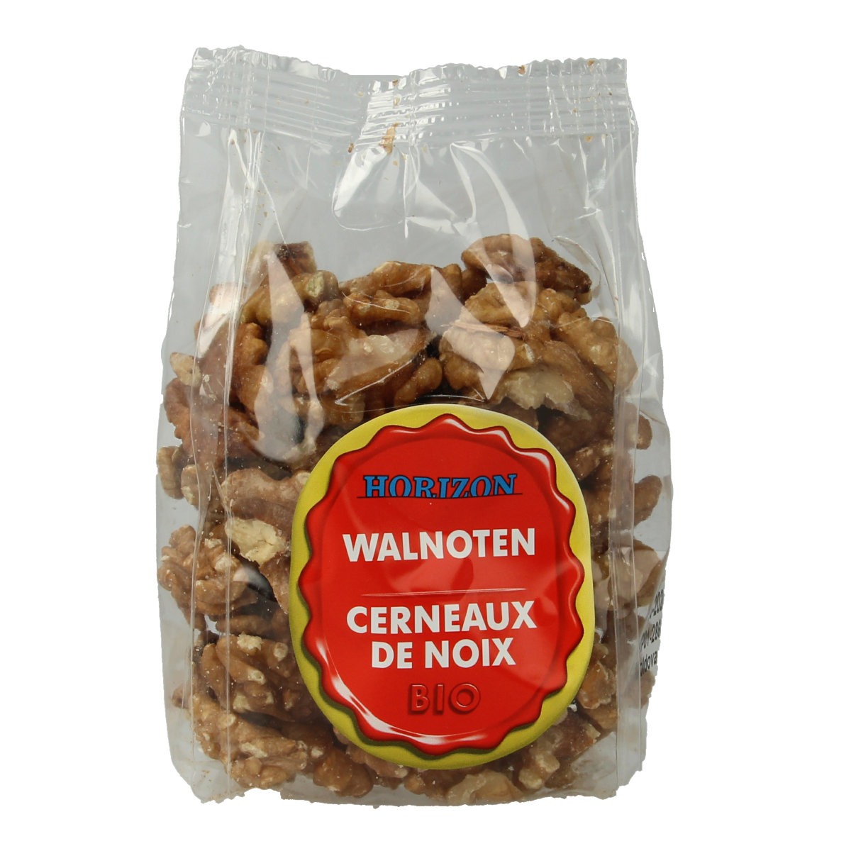 Raw Horizon Walnoten bio, 125g, organic walnuts displayed in a clear bowl with a natural background.