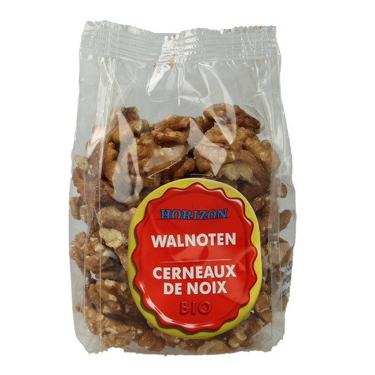 Raw Horizon Walnoten bio, 125g, organic walnuts displayed in a clear bowl with a natural background.