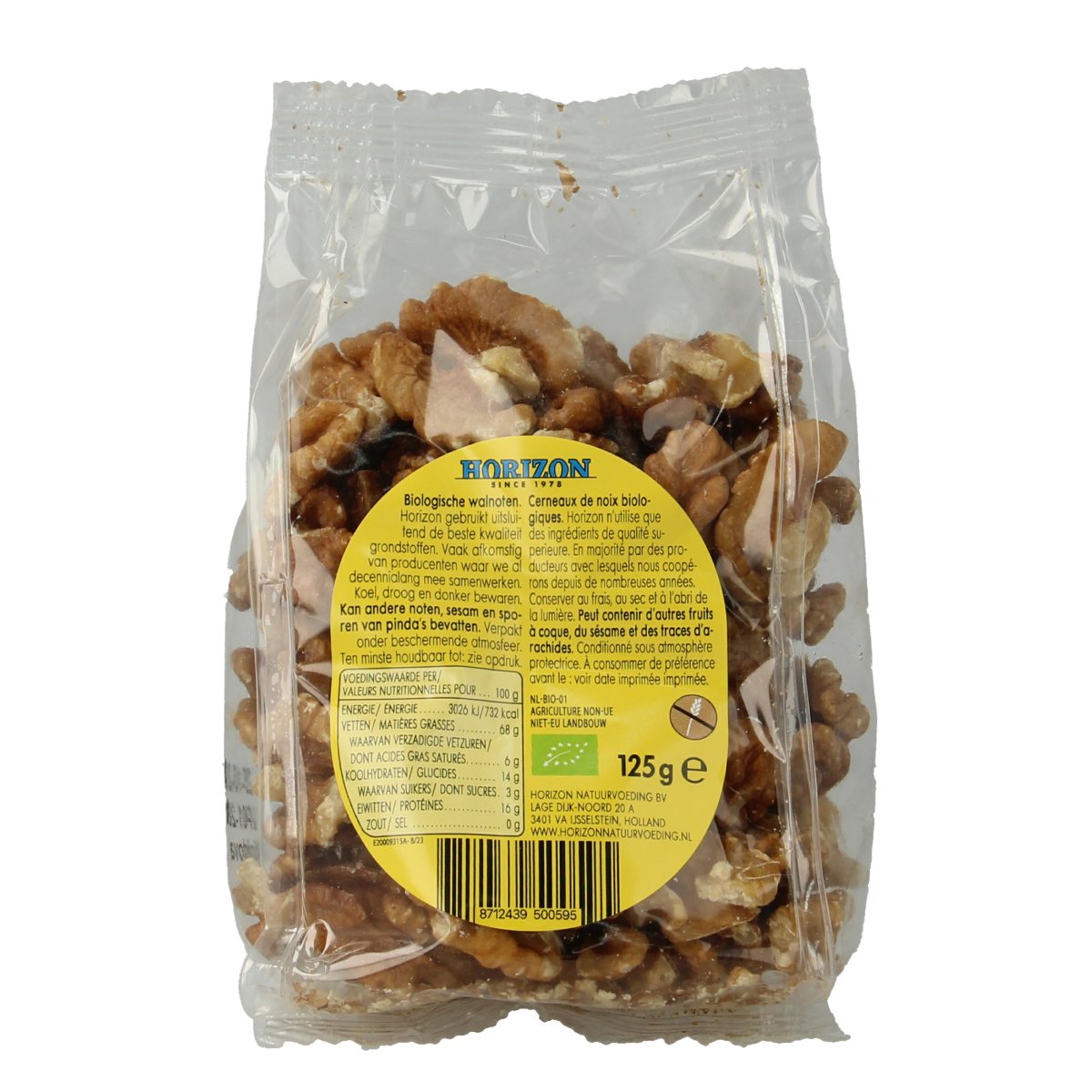 Raw Horizon Walnoten bio 125g, organic walnuts in a natural, close-up view showing their textured surface and fresh appearance.