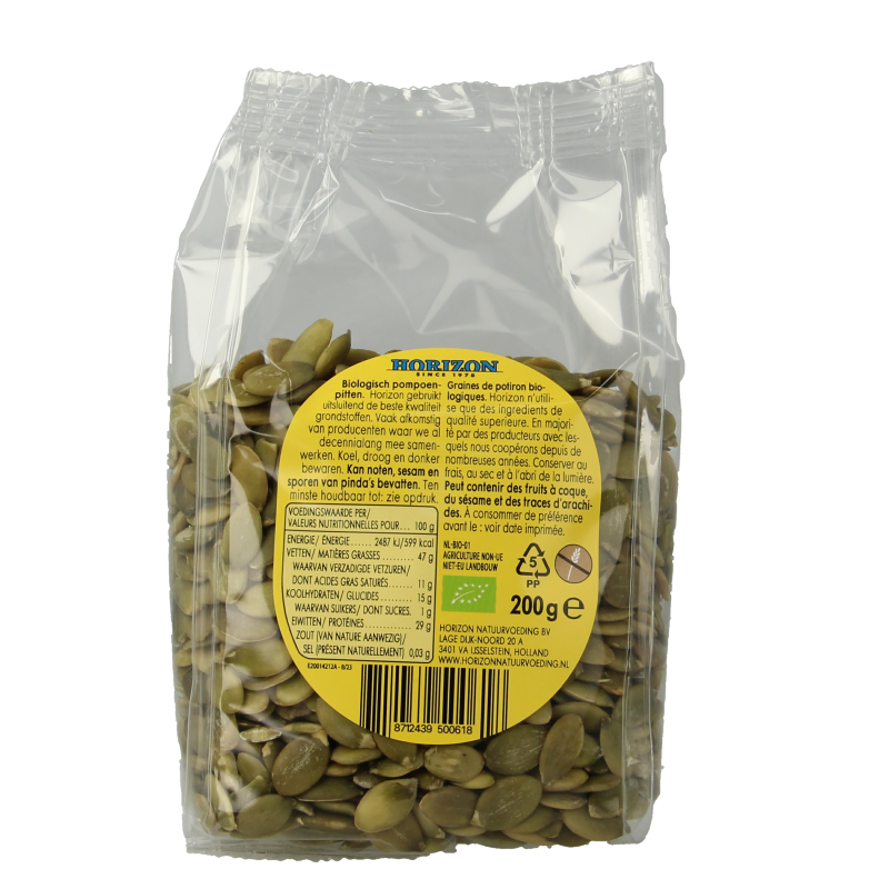 Raw Horizon organic pumpkin seeds in a 200g package, showcasing fresh, natural superfood quality with green and beige seed visuals.